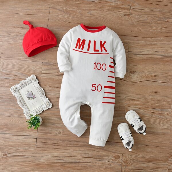 

Baby Letter Graphic Jumpsuit With Hat, White