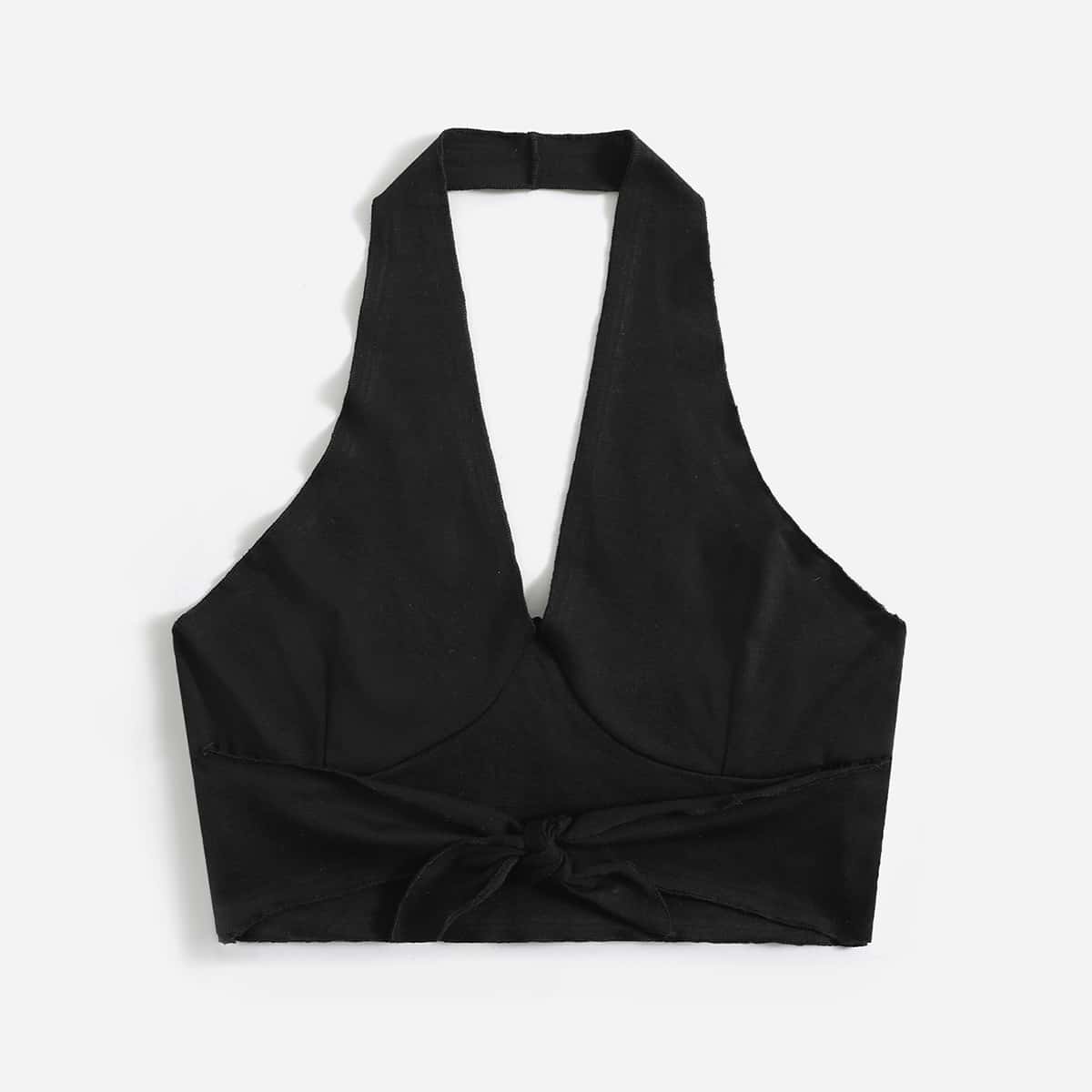 

Solid Bow Front Halter Top, Black