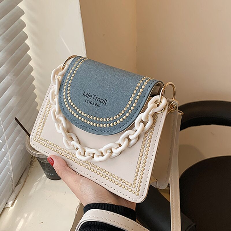 

Chain Handle Flap Satchel Bag, Beige
