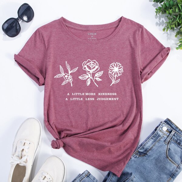 

Floral & Slogan Graphic Tee, Dusty pink