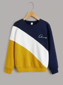 SHEIN Boys Colourblock Letter Print Drop Shoulder Pullover - Multicolor - View 1