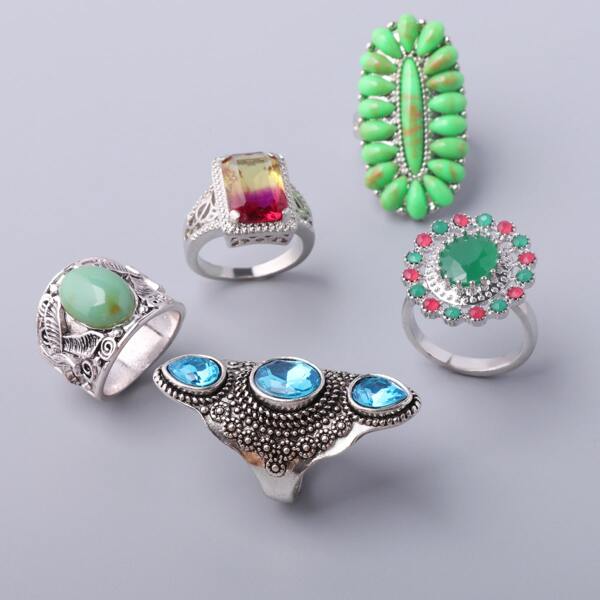 

5pcs Engraved Design Ring, Multicolor