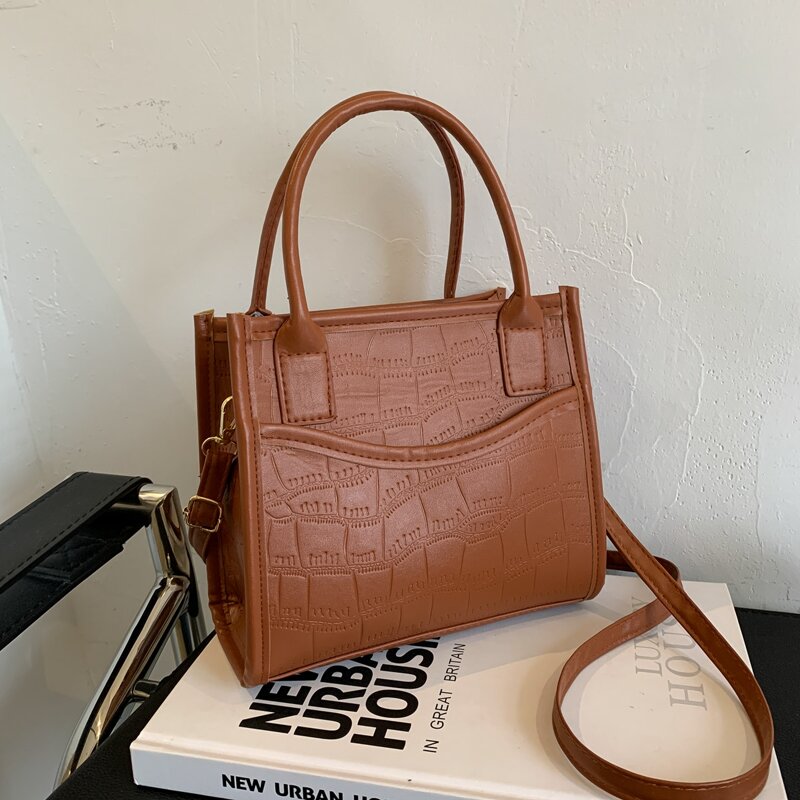

Croc Embossed Satchel Bag, Brown