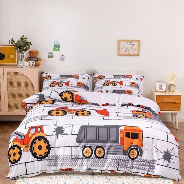 

Excavator Print Kids Duvet Cover Set Without Filler, Multicolor