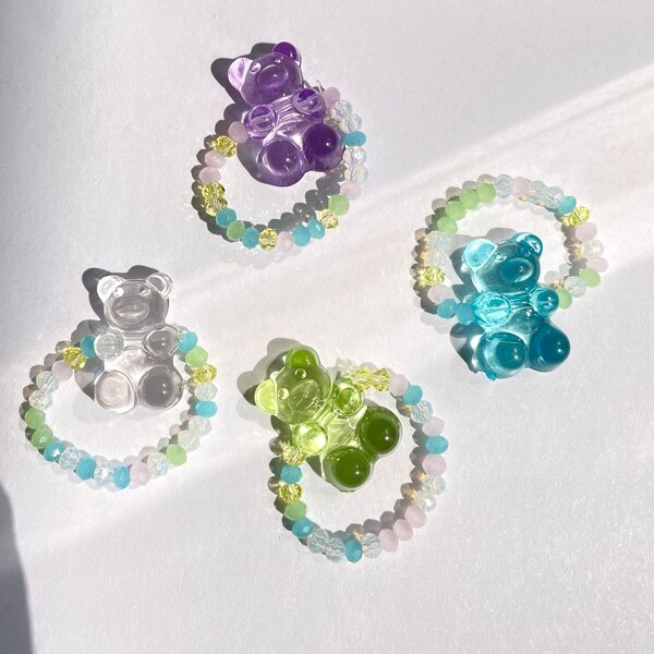 

4pcs Bear Decor Beaded Ring, Multicolor