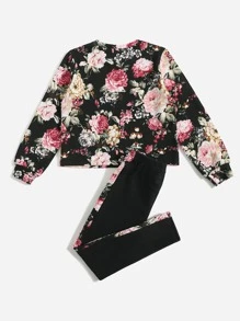 SHEIN Girls Floral Print Pullover & Side Striped Trousers Set - Multicolor - View 2