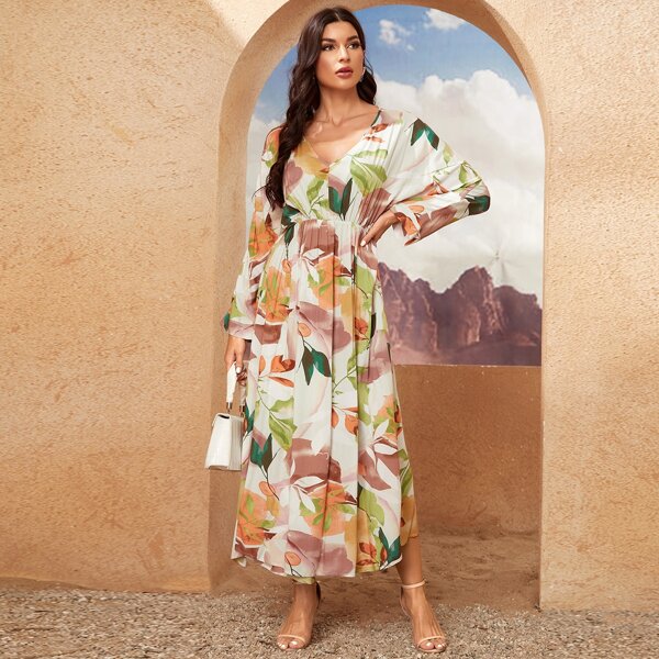 

V Neck Plant Print Dolman Sleeve Dress, Multicolor