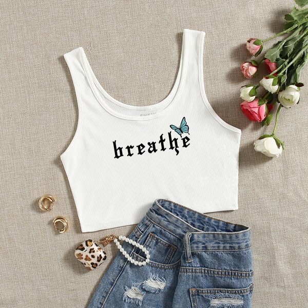 

Butterfly & Letter Graphic Ribbed Tank Top, White