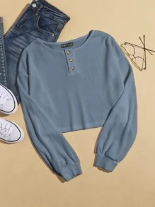 SHEIN Unity Áo thun Nút màu trơn Giải trí - Màu xanh bụi bặm - Xem 1