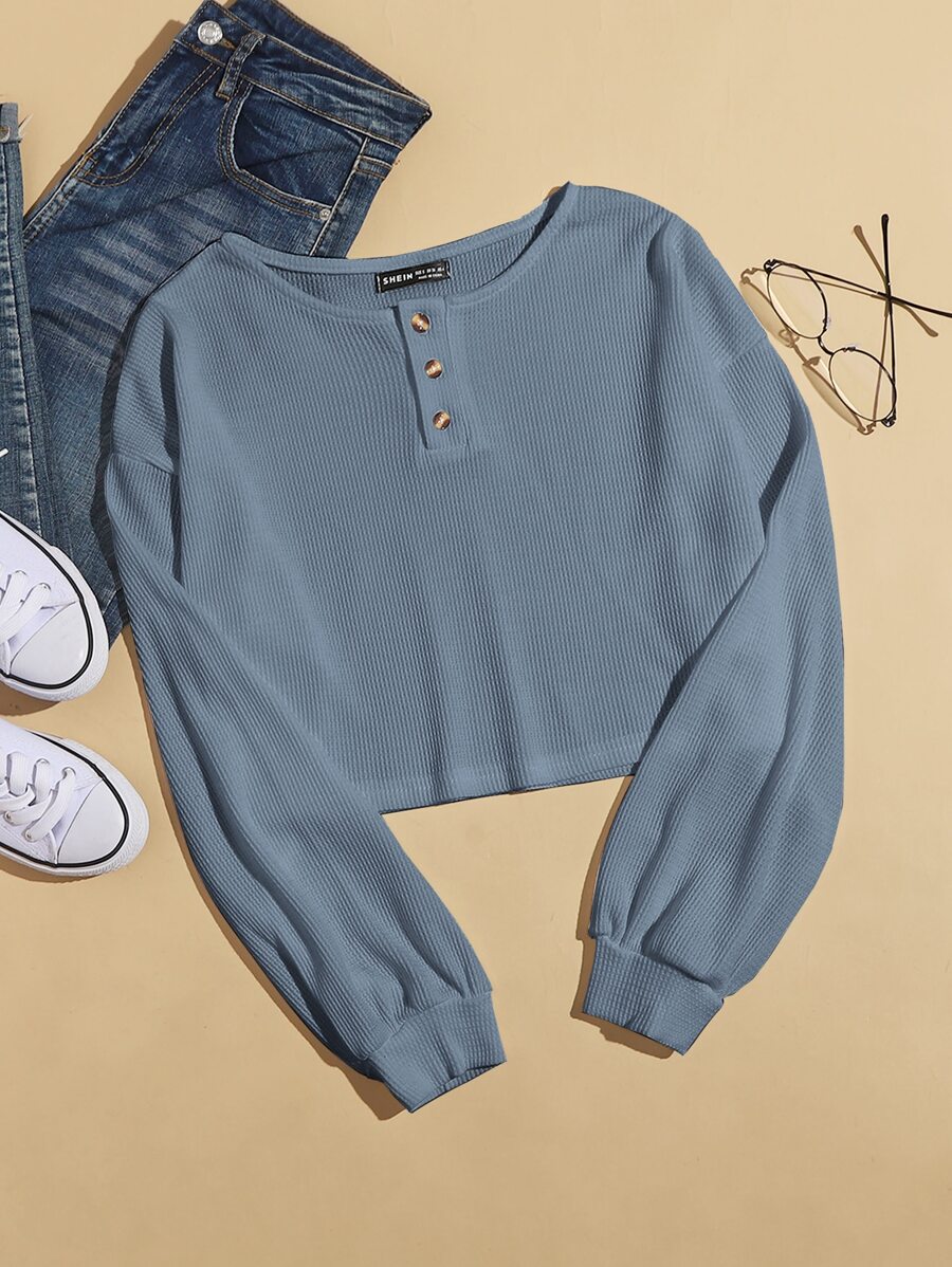 SHEIN Unity Áo thun Nút màu trơn Giải trí - Màu xanh bụi bặm - Xem 1