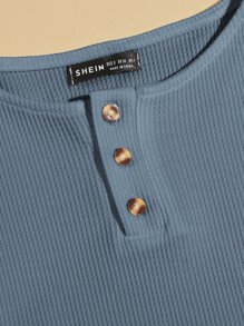 SHEIN Unity Áo thun Nút màu trơn Giải trí - Màu xanh bụi bặm - Xem 5