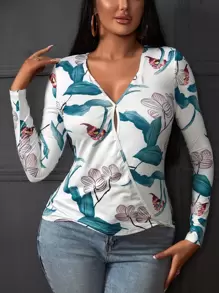 SHEIN LUNE Áo thun Cắt ra Trọn gói Hoa Giải trí - trắng - Xem 1