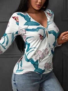 SHEIN LUNE Áo thun Cắt ra Trọn gói Hoa Giải trí - trắng - Xem 3