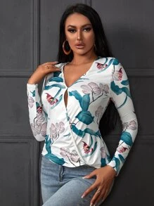 SHEIN LUNE Áo thun Cắt ra Trọn gói Hoa Giải trí - trắng - Xem 5