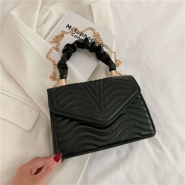 

Minimalist Quilted Chain Satchel Bag, Black