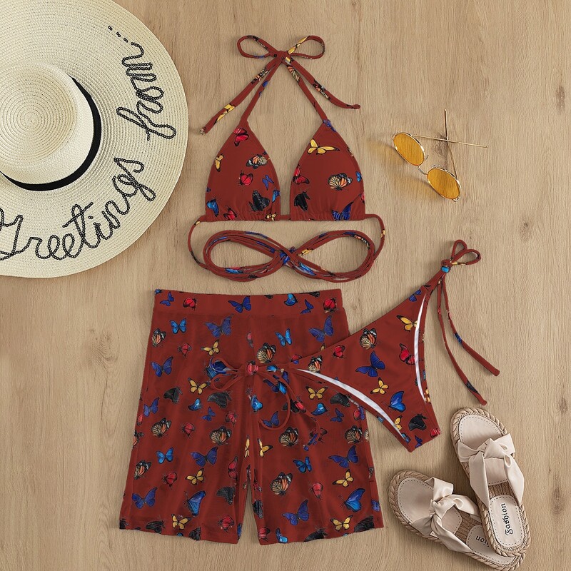 

3pack Butterfly Print Bikini Swimsuit & Cover Up Pants, Coffee brown