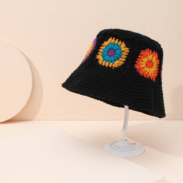 

Flower Embroidered Bucket Hat, Black