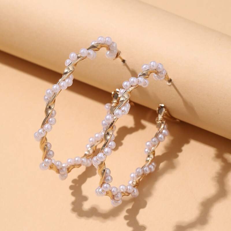 

Faux Pearl Hoop Earrings, White