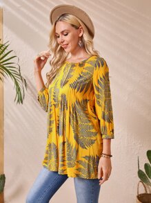 EMERY ROSE Women Summer Tropical Print Pleated Blouse Casual Shirts - Multicolor - View 2