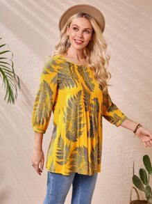 EMERY ROSE Women Summer Tropical Print Pleated Blouse Casual Shirts - Multicolor - View 4