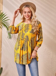 EMERY ROSE Women Summer Tropical Print Pleated Blouse Casual Shirts - Multicolor - View 1