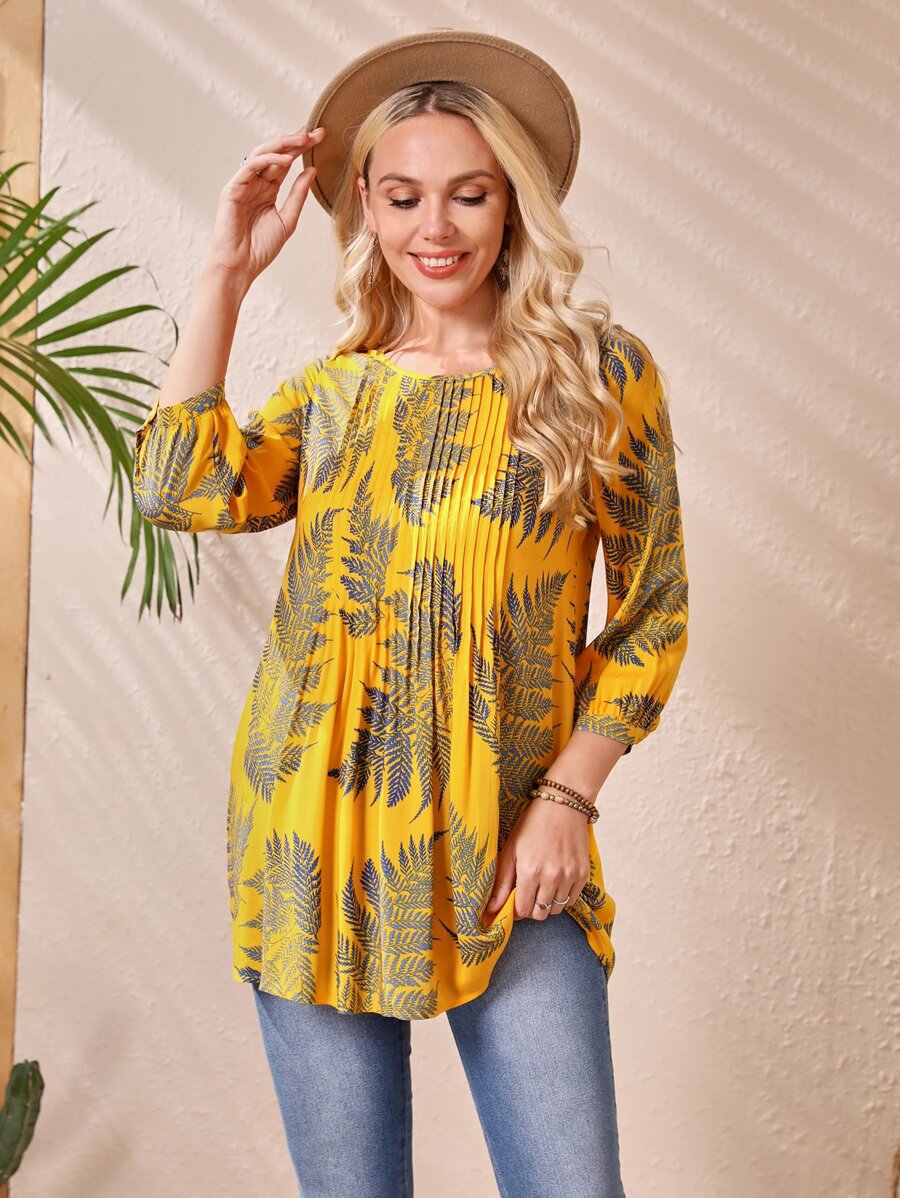 EMERY ROSE Women Summer Tropical Print Pleated Blouse Casual Shirts - Multicolor - View 1
