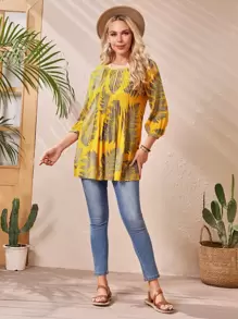 EMERY ROSE Women Summer Tropical Print Pleated Blouse Casual Shirts - Multicolor - View 5