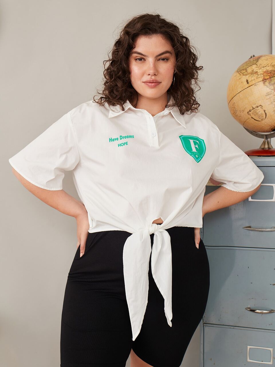 Plus Slogan Graphic Half Button Tie Front Top