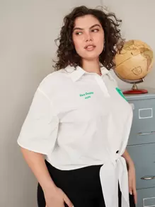 SHEIN EZwear Plus Slogan Graphic Half Button Tie Front Top - White - View 4