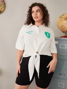 SHEIN EZwear Plus Slogan Graphic Half Button Tie Front Top - White - View 1