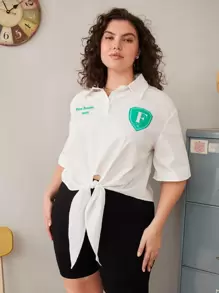 SHEIN EZwear Plus Slogan Graphic Half Button Tie Front Top - White - View 5