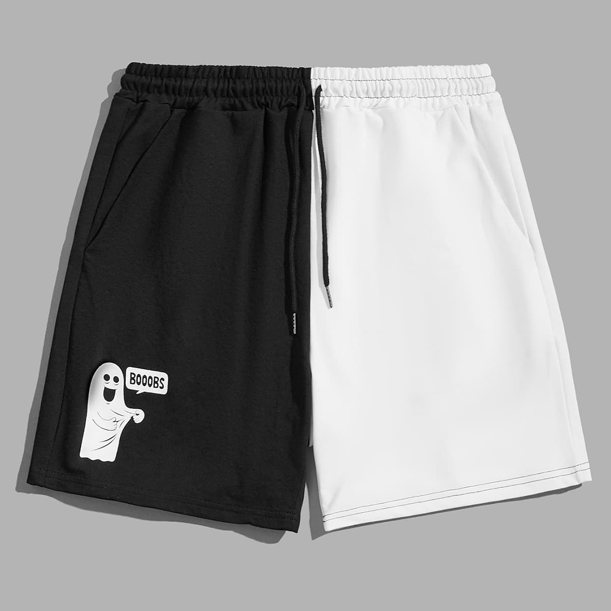 

Guys Letter Cartoon Colorblock Drawstring Shorts, Black and white