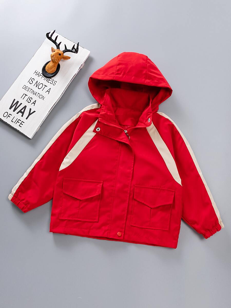 Niños Cazadora de color combinado con bolsillo con solapa con capucha - Rojo - Ver 1