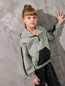 SHEIN Girls Kangaroo Pocket Drop Shoulder Hooded Jacket - Multicolor - View 2