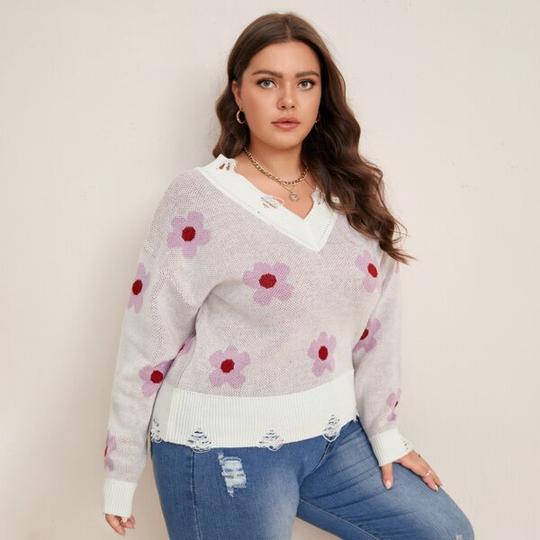 

Plus Flower Pattern Drop Shoulder Distressed Sweater, Mauve purple