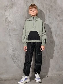 SHEIN Girls Kangaroo Pocket Drop Shoulder Hooded Jacket - Multicolor - View 4