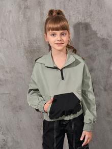 SHEIN Girls Kangaroo Pocket Drop Shoulder Hooded Jacket - Multicolor - View 5