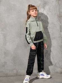 SHEIN Girls Kangaroo Pocket Drop Shoulder Hooded Jacket - Multicolor - View 6