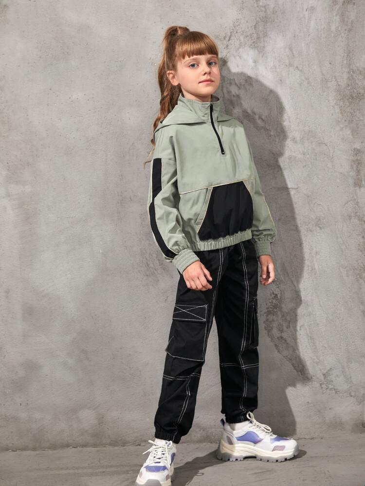 SHEIN 女孩袋鼠口袋落肩袖連帽夾克 - 彩色 - 查看 6