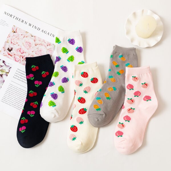 

5pairs Strawberry Pattern Crew Socks, Multicolor