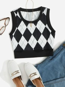SHEIN EZwear Argyle Print Tank Top - Black and White - View 1