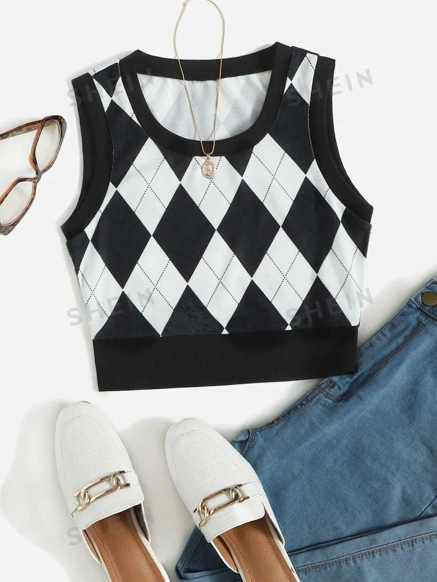 SHEIN EZwear Top tank con estampado de rombo - Blanco y Negro - Ver 1