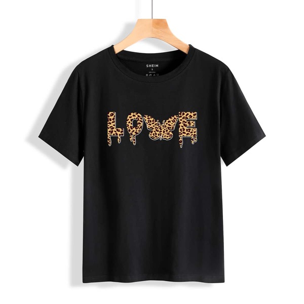 

Leopard Letter And Butterfly Print Tee, Black