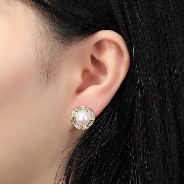 

14K Gold Plated Natural Pearl & Zircon Decor Stud Earrings