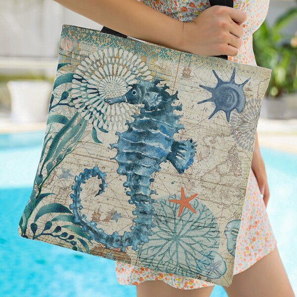 

Hippocampus Graphic Shoulder Tote Bag, Multicolor