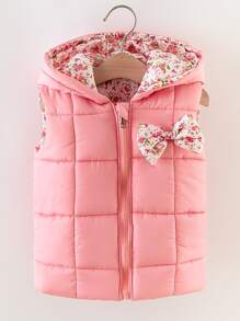 年轻女孩碎花印花蝴蝶结前连帽棉服外套