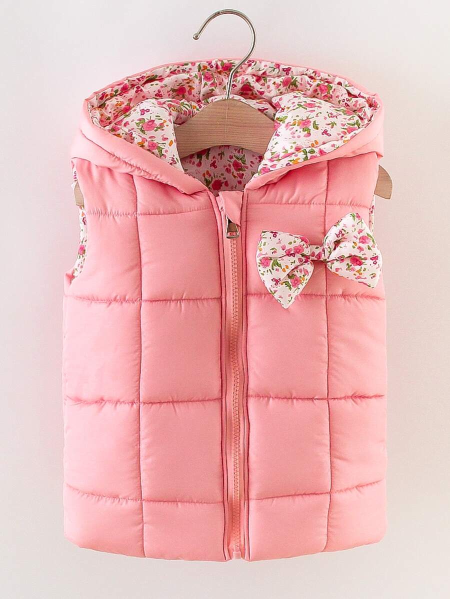 年轻女孩碎花印花蝴蝶结前连帽棉服外套