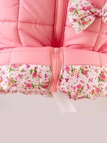 年轻女孩碎花印花蝴蝶结前连帽棉服外套