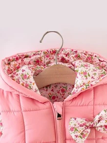 年轻女孩碎花印花蝴蝶结前连帽棉服外套