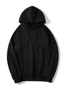 SHEIN EZwear Solid Kangaroo Pocket Thermal Lined Drawstring Hoodie - Black - View 1